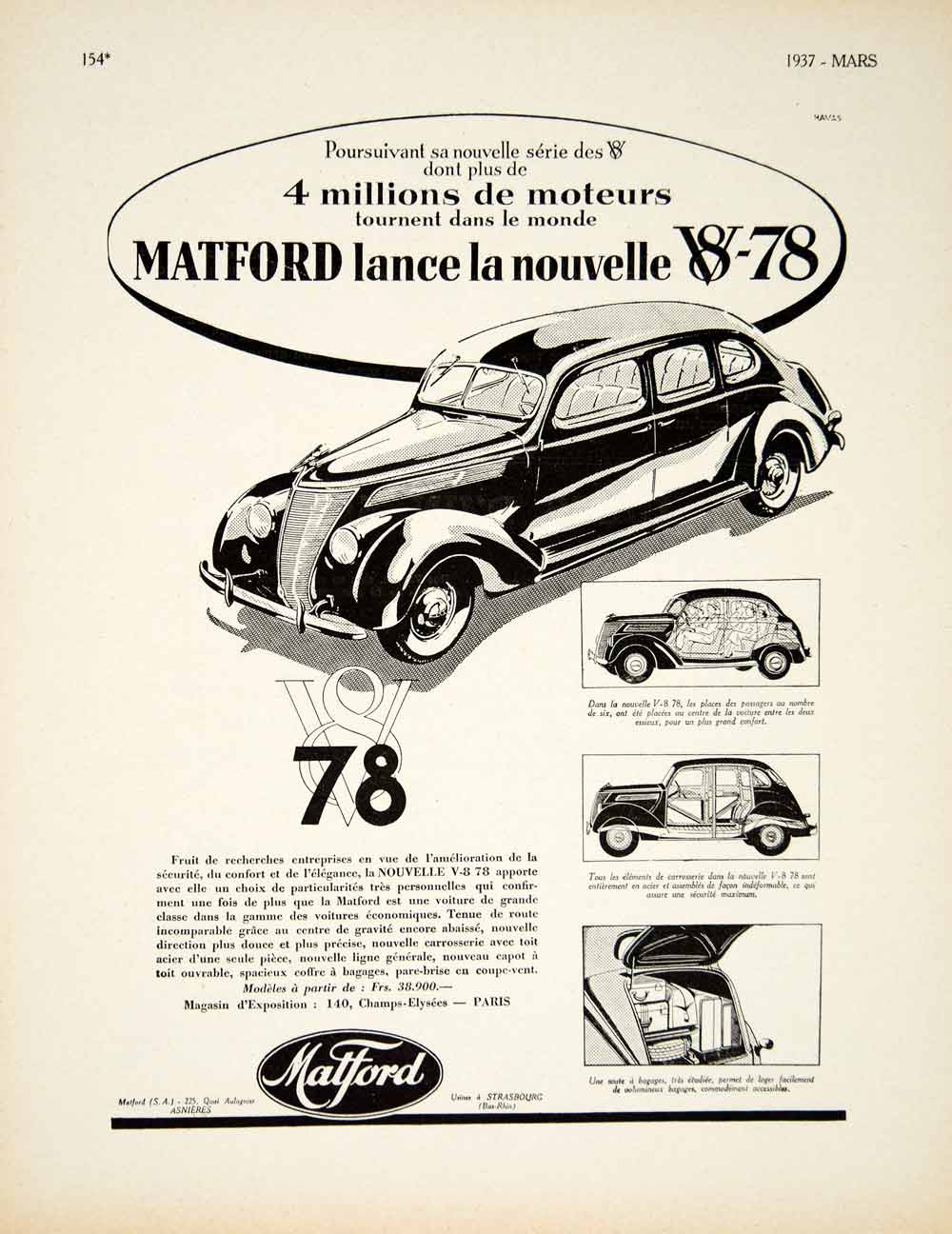 1937 Ad Vintage French Ford Matford V-8 78 Car Automobile Asnieres France VEN9