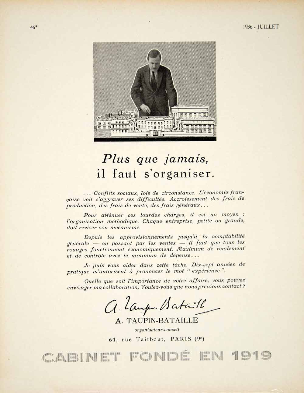1936 Ad Vintage French A Taupin-Bataille Marketing Advertising Agency Paris VEN9