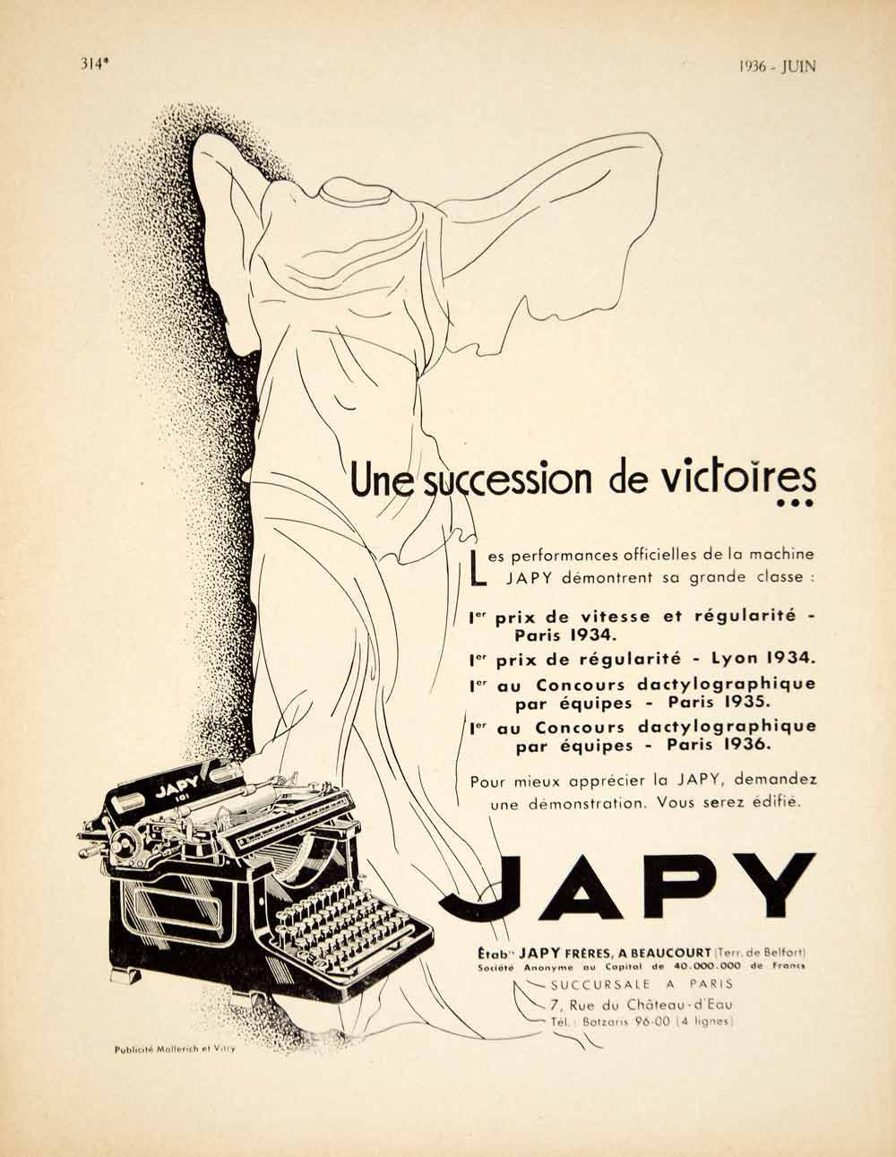 1936 Ad Vintage French Japy 101 Typewriter Typing Winged Victory Statue VEN9 - Period Paper
