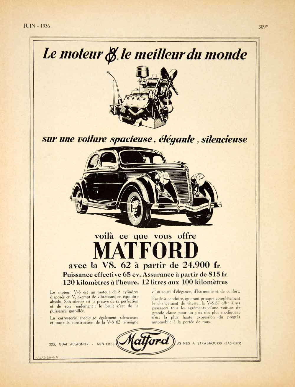 1936 Ad Vintage French Ford Matford V-8 62 Car Automobile Asnieres