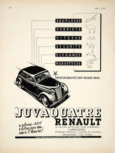 1939 Ad Vintage Renault Juvaquatre Sedan Car Automobile France Antique VEN9
