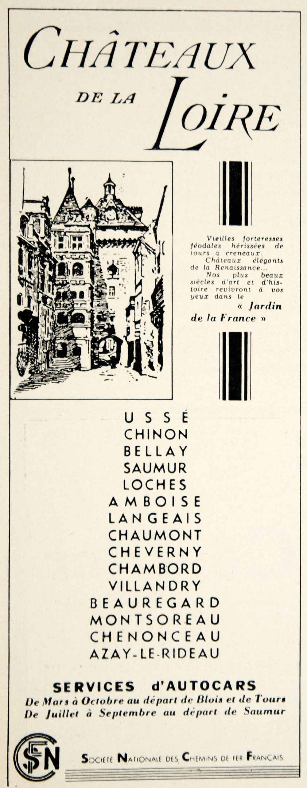 1939 Ad French National Railway SNCF Travel Chateaux Loire France Railroad VEN9