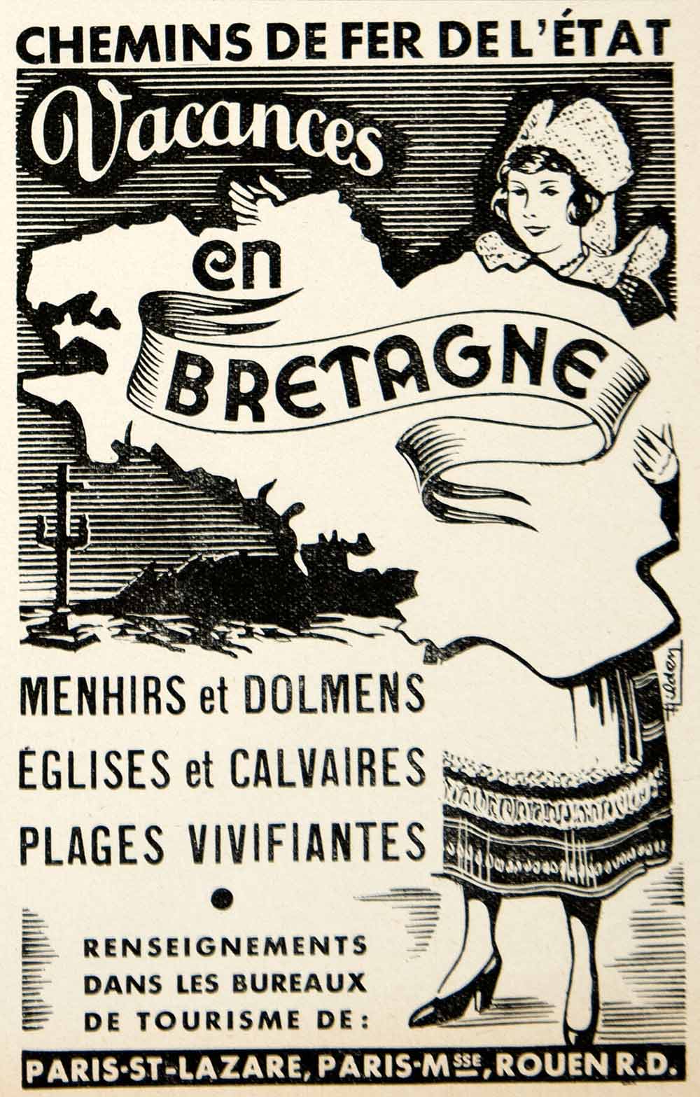 1937 Ad French Train Rail Travel Chemins de fer de l'Etat Brittany Costume VEN9