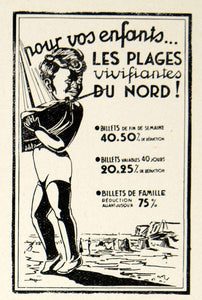 1937 Ad Vintage French Train Travel Beaches North France Boy Child Sailboat VEN9