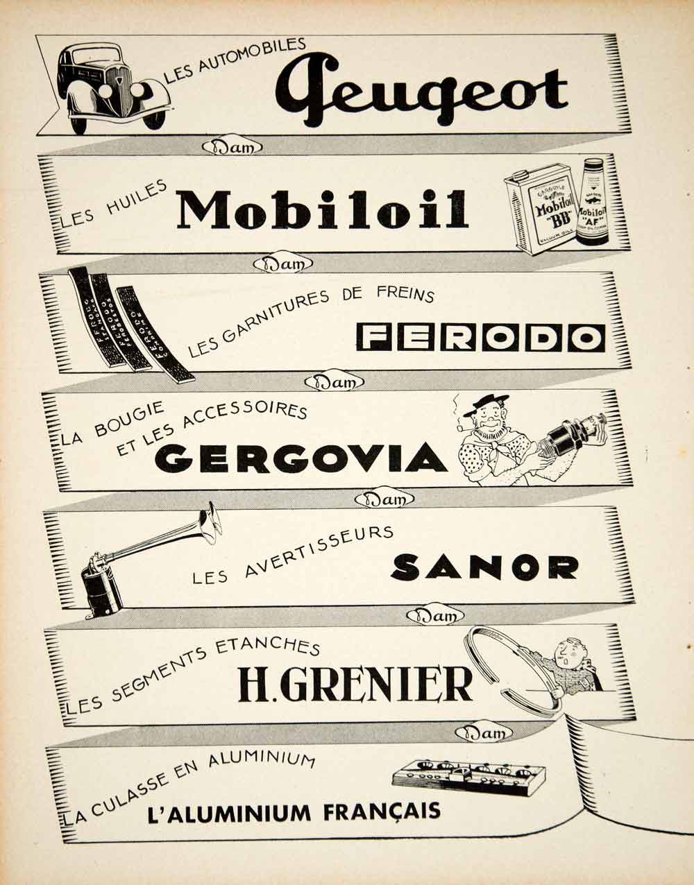 1935 Ad Damour Publicite French Advertising Peugeot Mobiloil Car Products VEN9