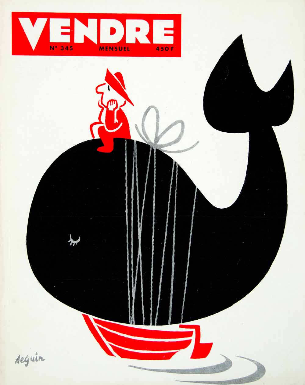 1958 Lithograph Cover Vendre French Magazine Illustration Art Whale Boat VENA1