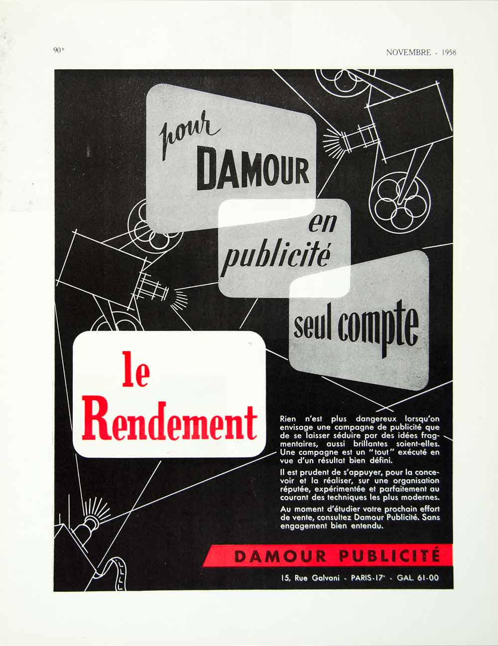 1958 Ad Vintage Damour Publicite French Advertising Agency Movie Paris VENA1