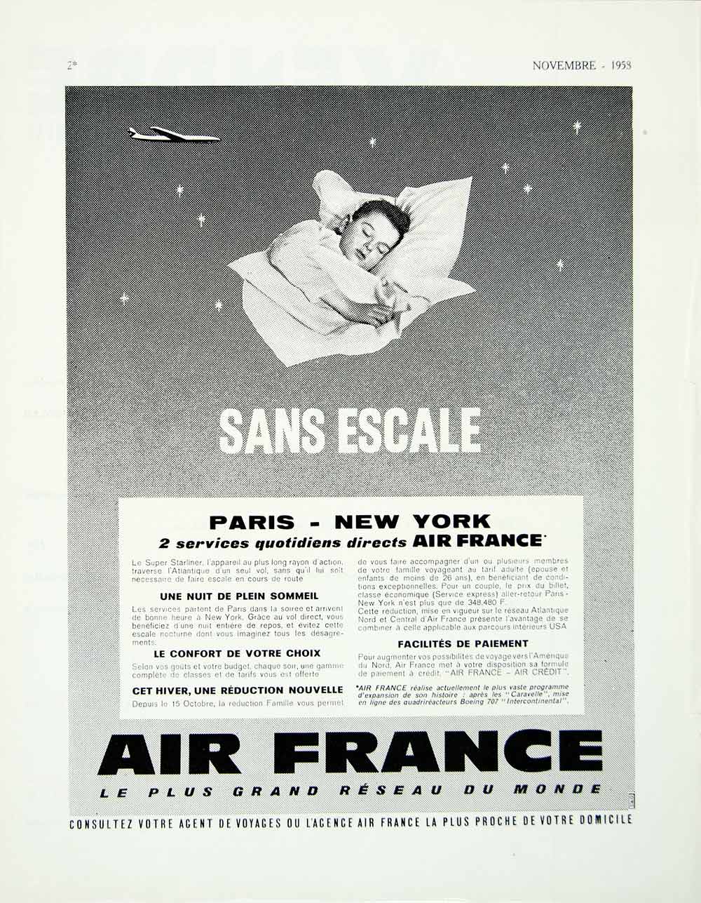 1958 Ad Vintage Air France French Airlines Daily Flights Paris New York VENA1