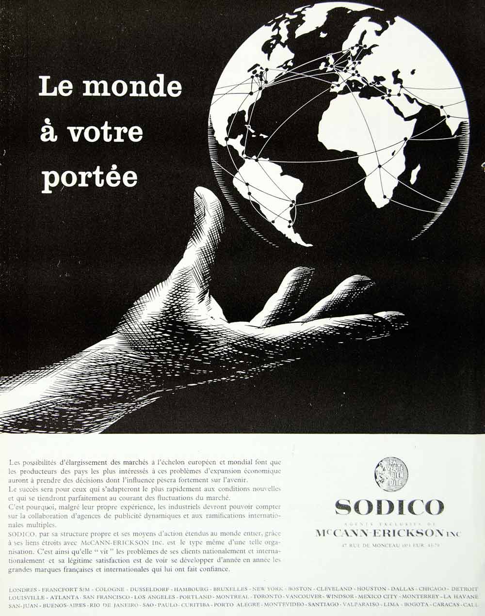 1958 Lithograph Ad SODICO McCann Erickson French Advertising World Hand VENA1