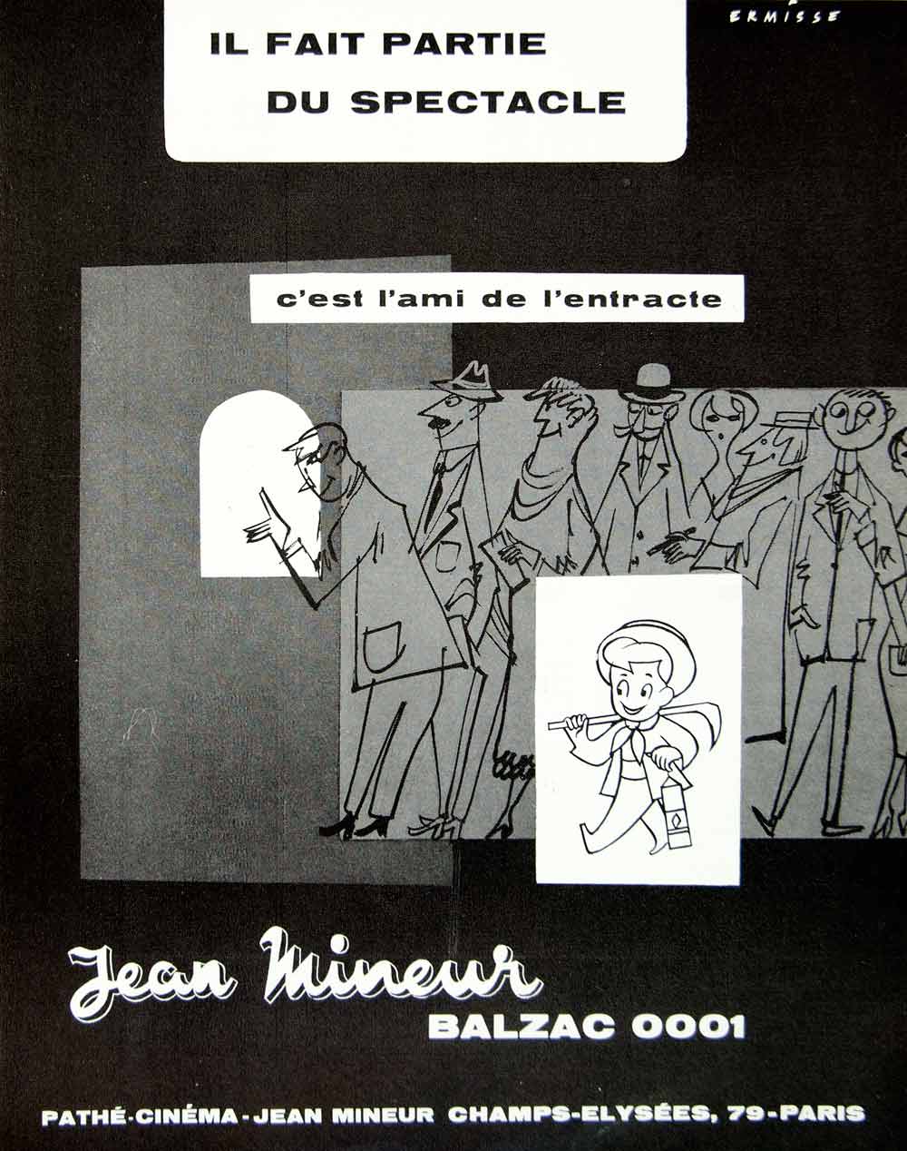 1958 Ad Jean Mineur French Advertising Cinema Publicite Movie Ticket Queue VENA1