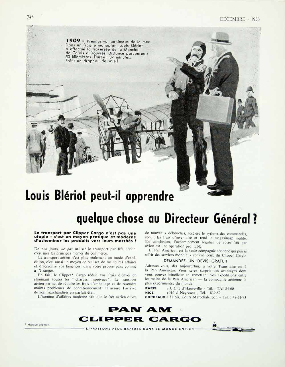 1958 Ad Vintage French Pan Am Clipper Cargo Airplane Aviator Louis Bleriot VENA1