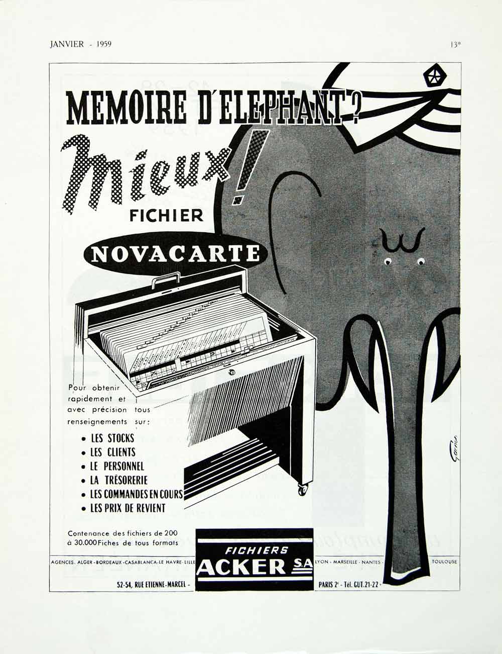 1959 Ad French Fichiers Acker Novacarte File Office Filing System Elephant VENA1