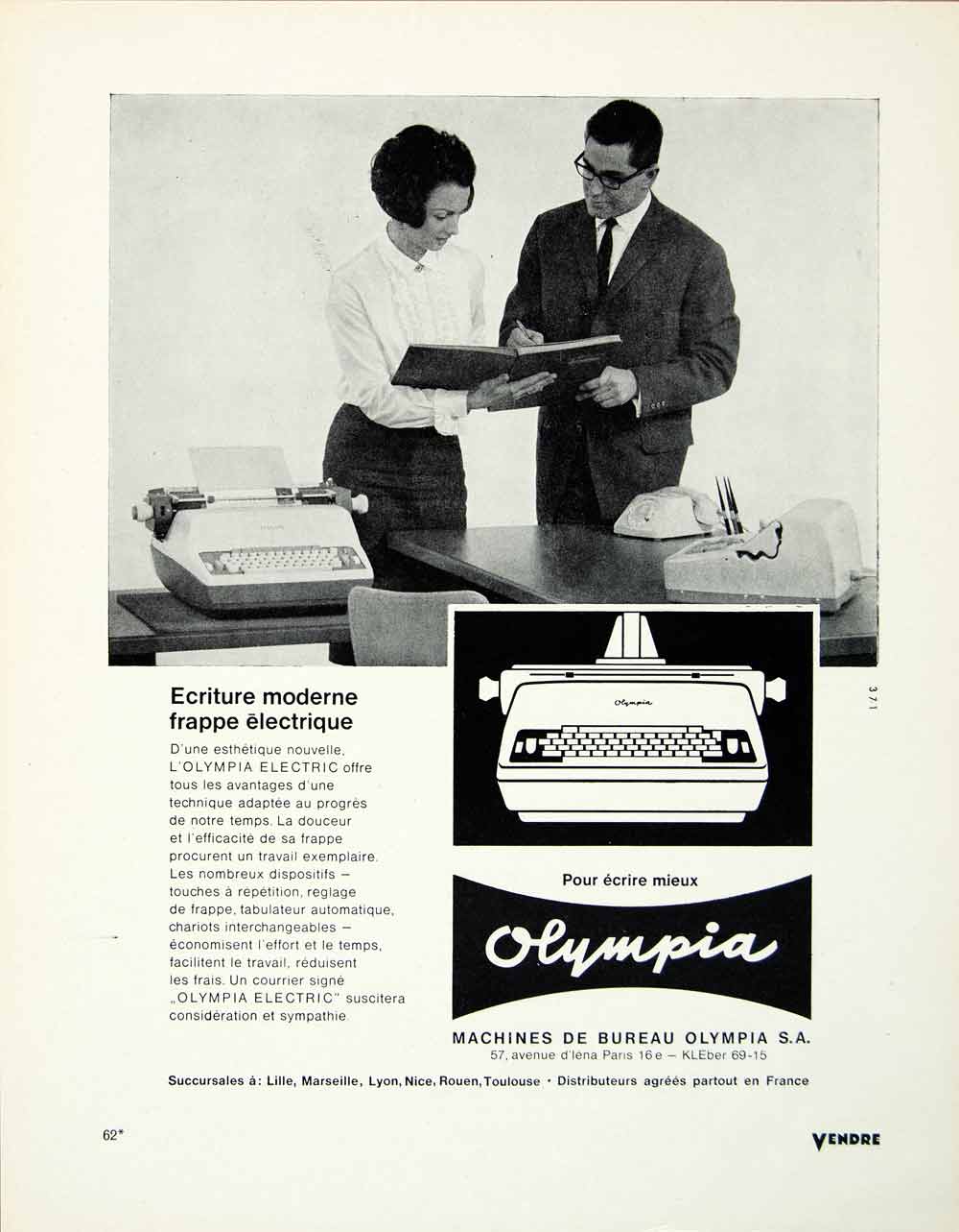 1963 Ad Vintage French Olympia Electric Typewriter Typing Office Secretary VENA1