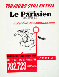 1958 Lithograph Le Parisien French Newspaper Circulation Horse Race Jockey VENA1