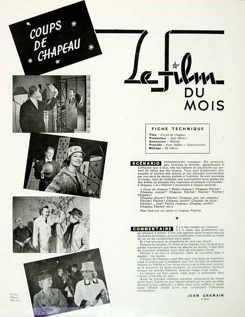 1957 Article French Film Advertising Movie Flechet Hats Men Jean Mineaur VENA1
