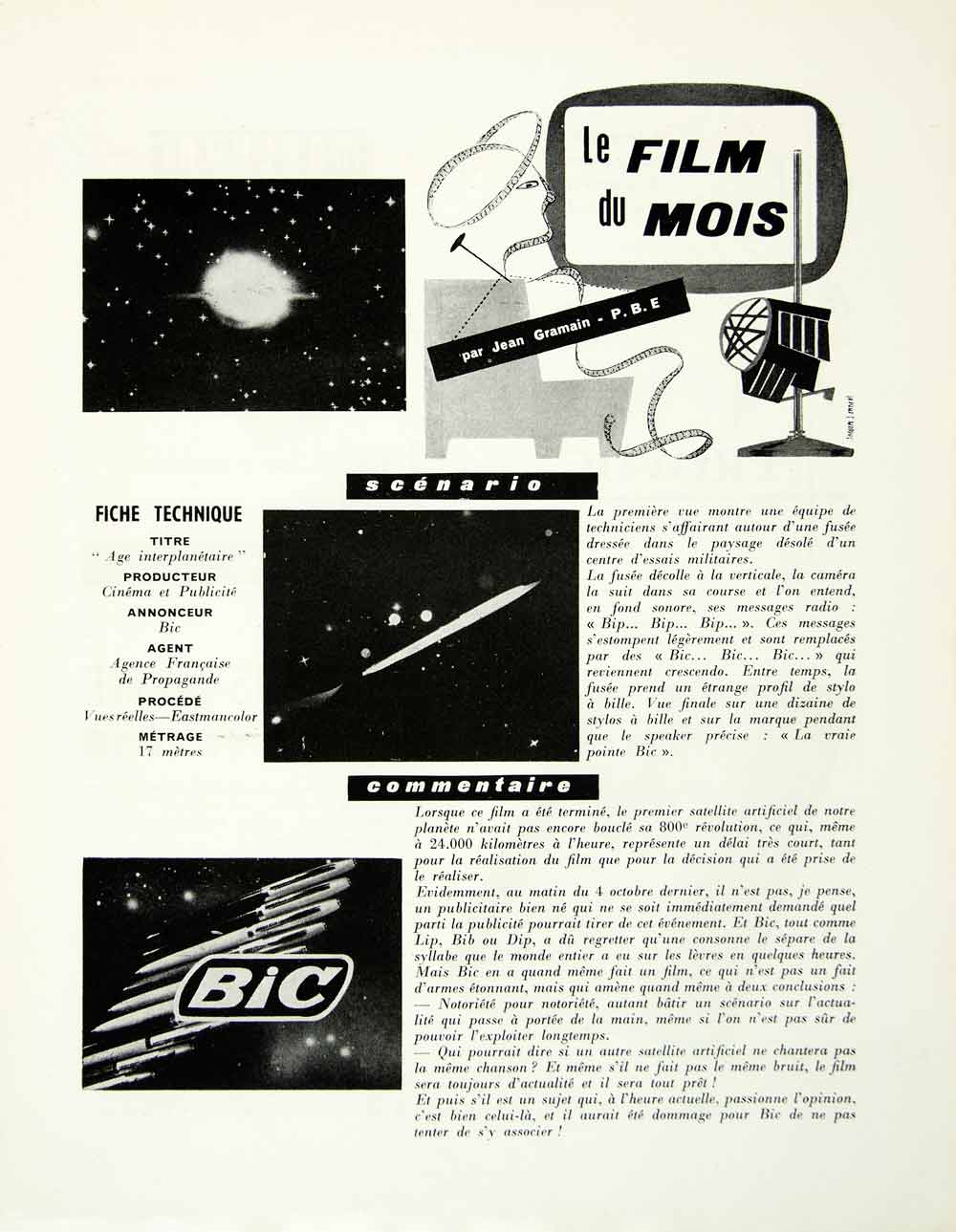 1958 Article French Film Advertising Bic Pens Advertisement Cinema Ad VENA1