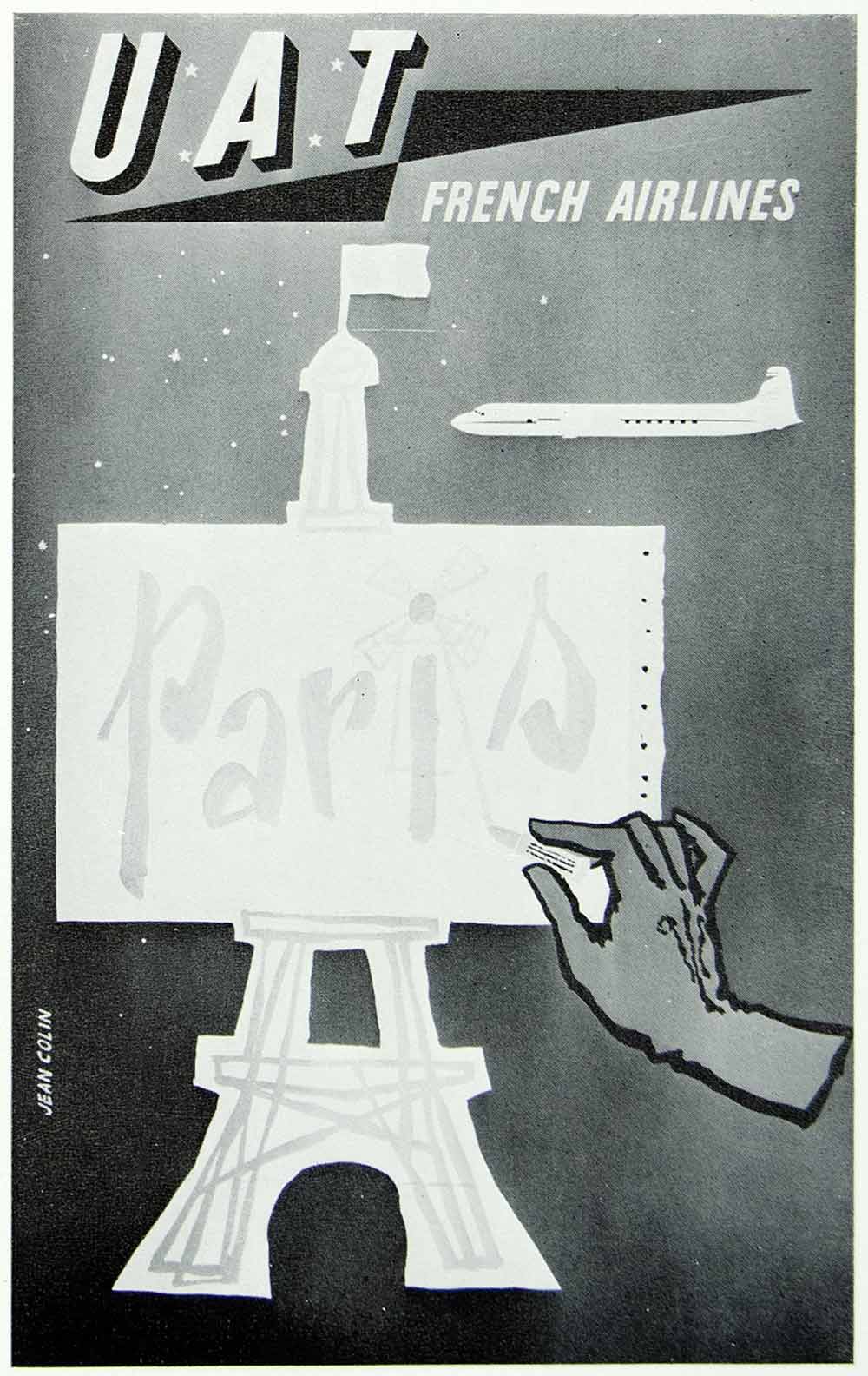 1958 Print Jean Colin Advertising Poster UAT Airlines Paris Eiffel Tower VENA1