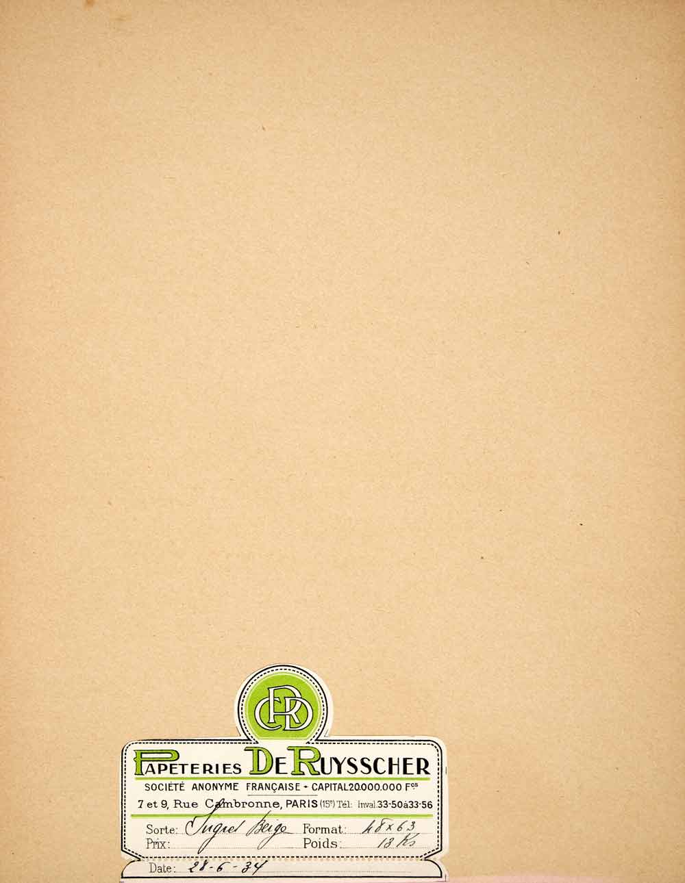 1937 Lithograph Ad Paper Stock Paperteries De Ruysscher 9 Rue Cambronne VENA2