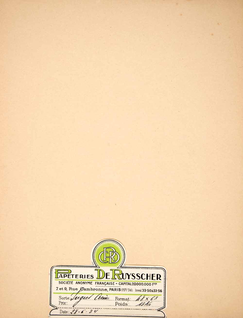 1937 Lithograph Ad Paper Stock Paperteries De Ruysscher 9 Rue Cambronne VENA2