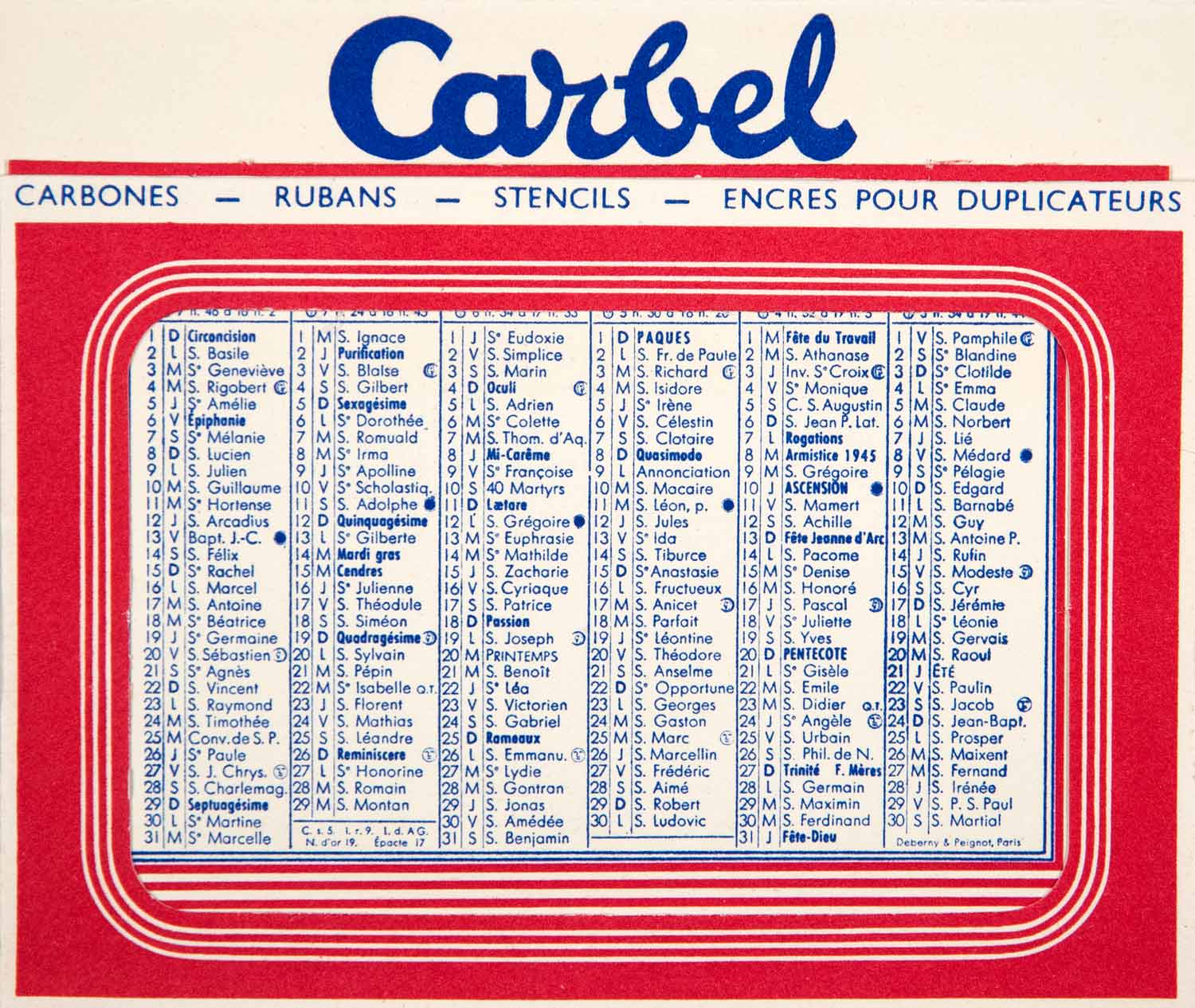 1956 Calendar Prints Carbel 8 Rue Maillard Paris Advertising French Ink VENA2