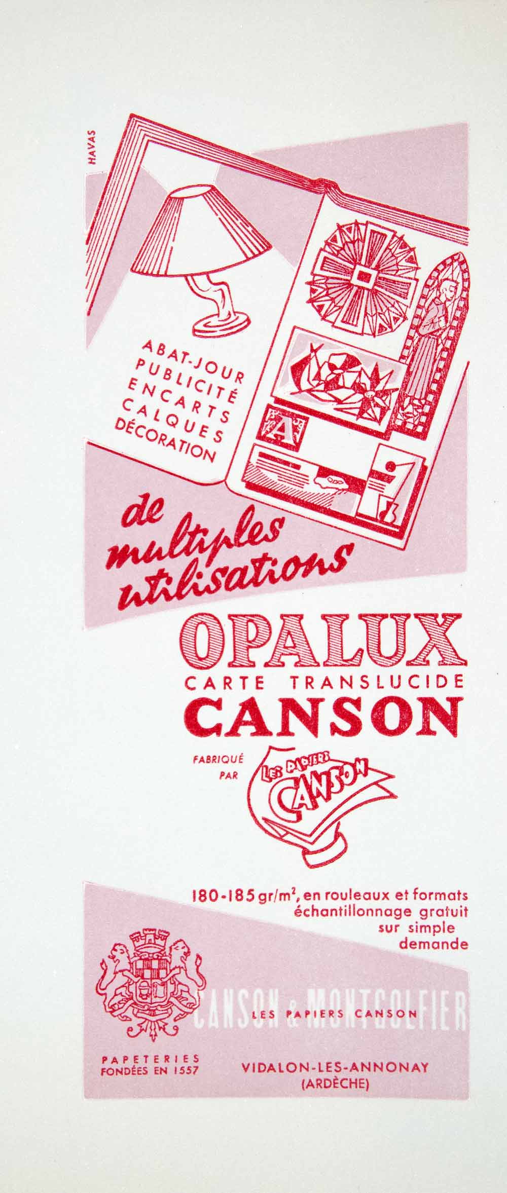 1959 Lithograph Ad Translucent Opalux Canson Montgolfier Paper Acetate VENA2