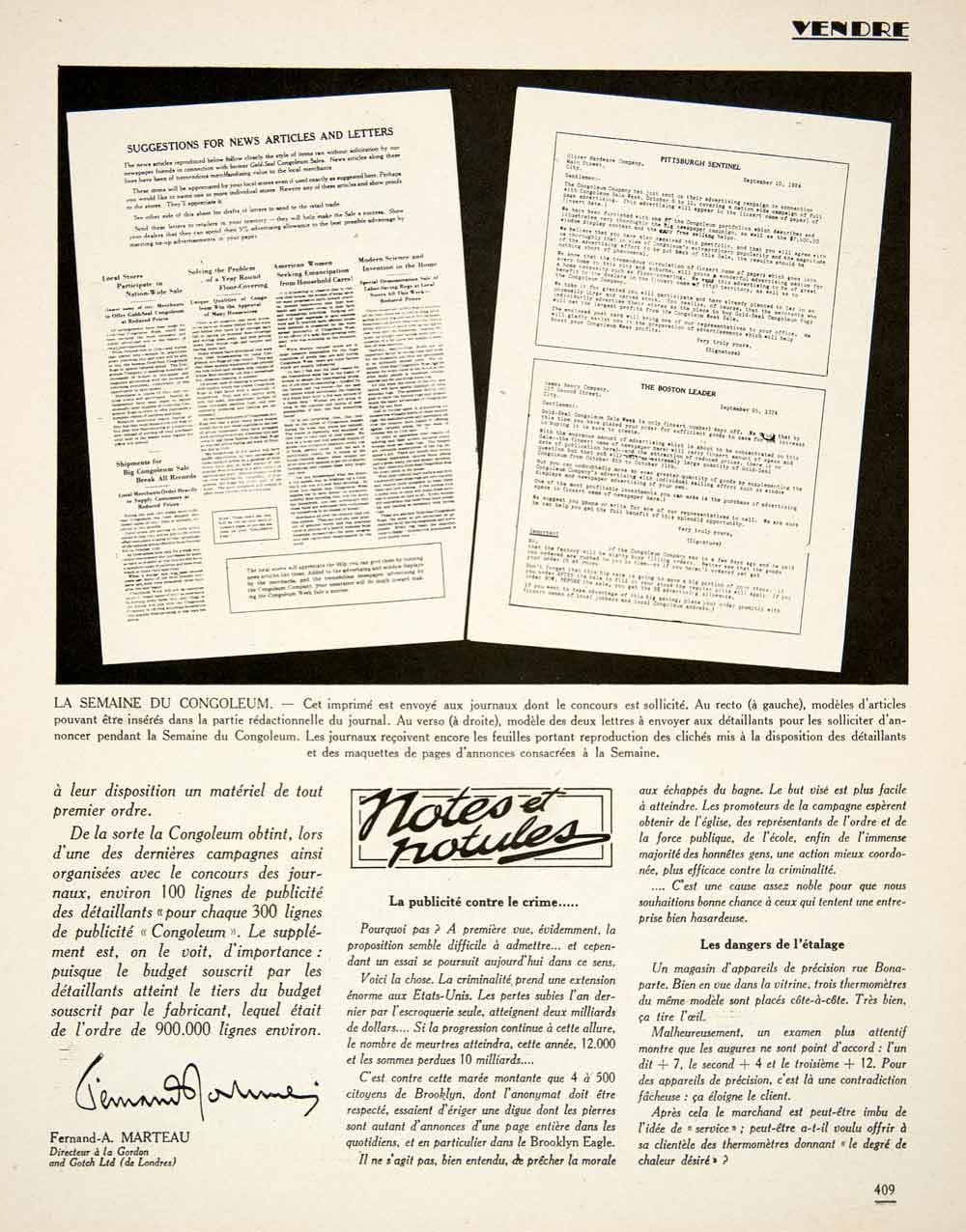 1926 Article Congoleum French Advertising Bernard Avril Fernand Marteau VENA2