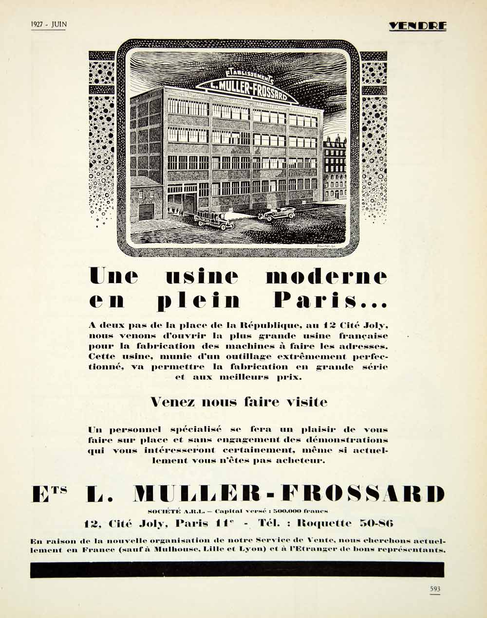1927 Ad L. Muller-Frossard 12 Cite Joly Paris Address Machine Factory VENA3
