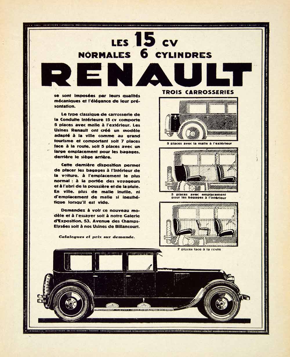 1927 Lithograph Advertisement Renault 6 Cylinder Automobile Car Seating VENA3