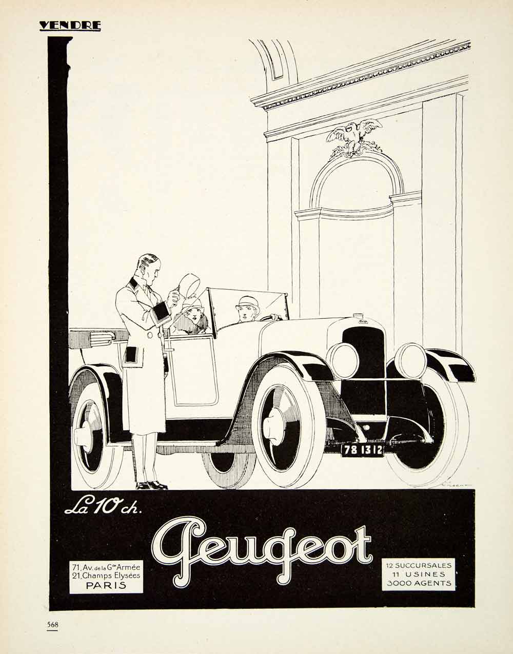 1927 Advert Art Deco Peugeot Automobile Valet Car Transportation Couple VENA3