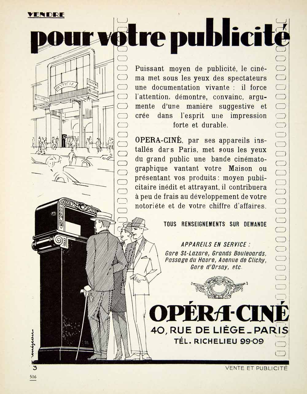 1927 Ad Opera-Cine 40 Rue Liege Paris Advertising Visual Street Machine VENA3