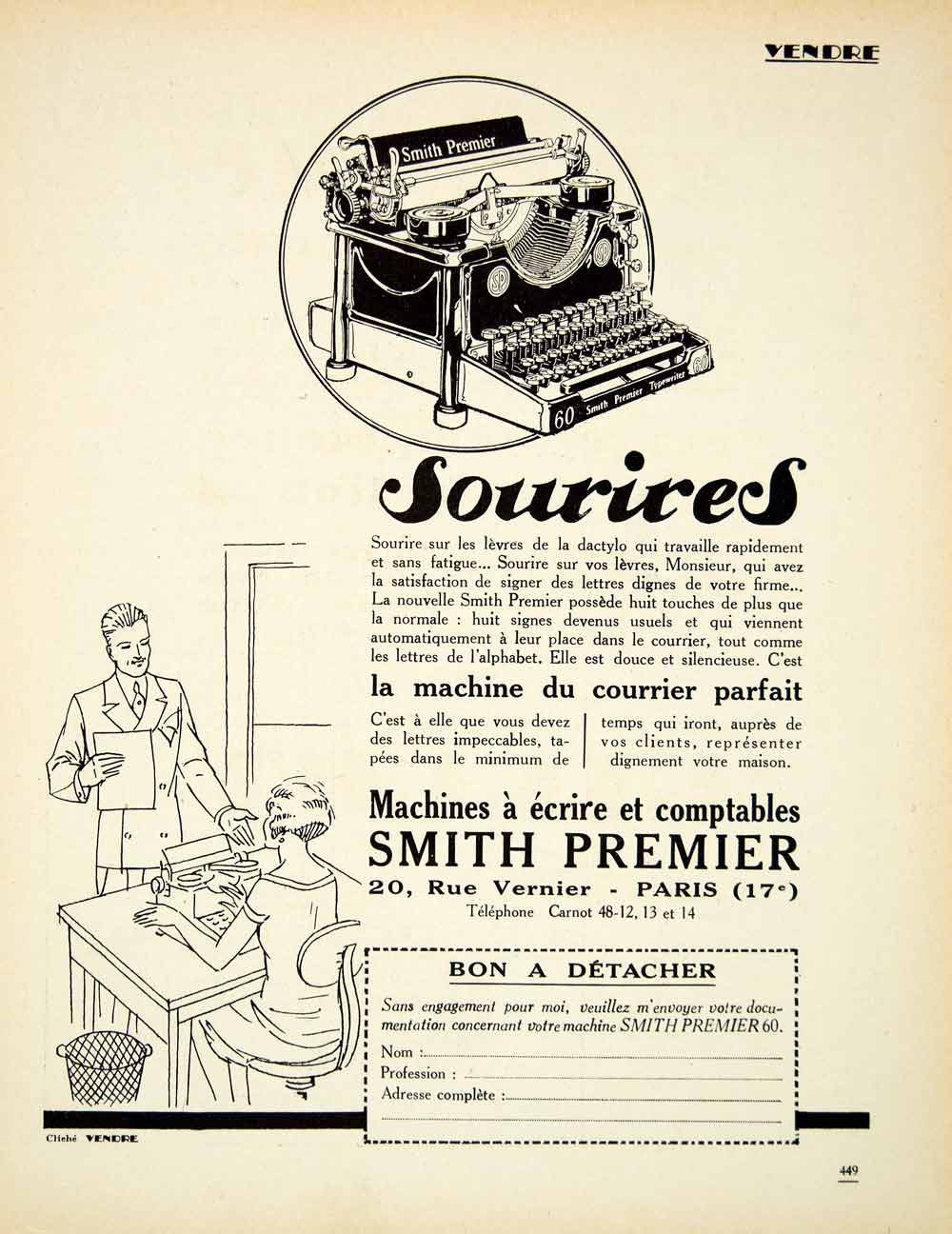 1927 Ad Smith Premier Secretary Typewriter 20 Rue Vernier Paris Office VENA3