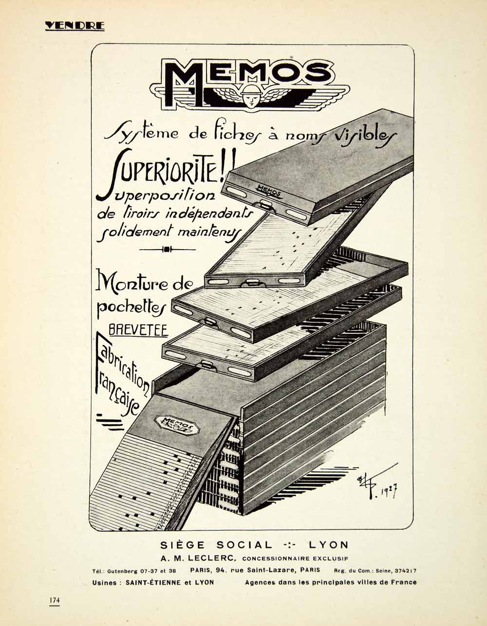 1927 Ad Memos Brevette Rue Saint-Lazare Paris Filing System A. M. Leclerc VENA3