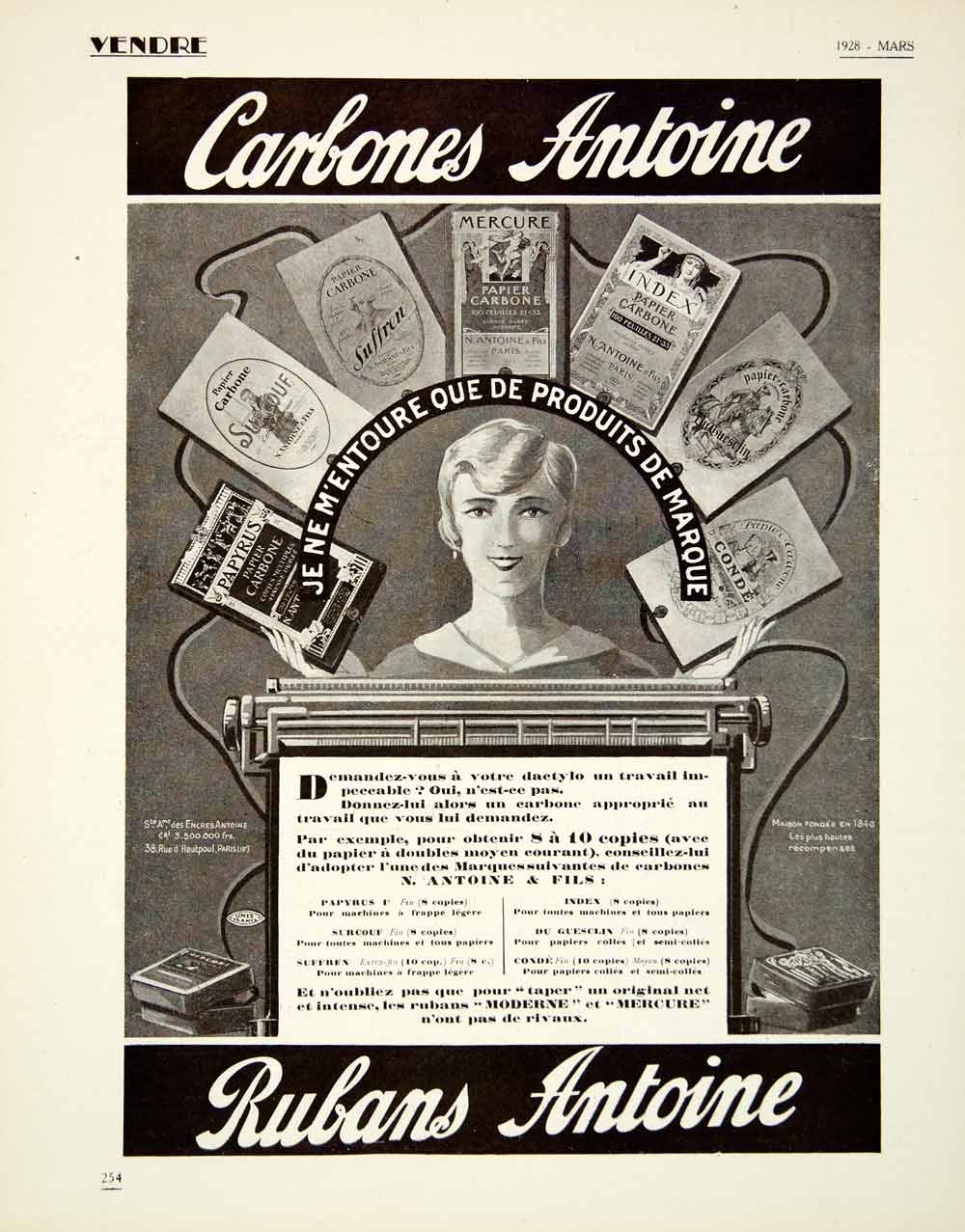 1928 Ad N Antoine Carbon Paper Typewriting Ribbon Secretary 38 Rue VENA3