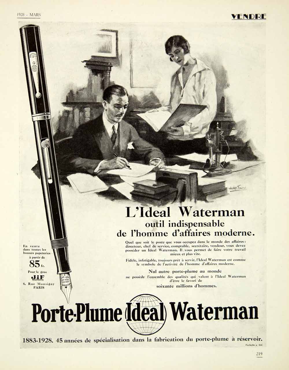 1928 Ad Waterman Fountain Pen JiF 6 Rue Monsigny Paris Writing Utensil VENA3