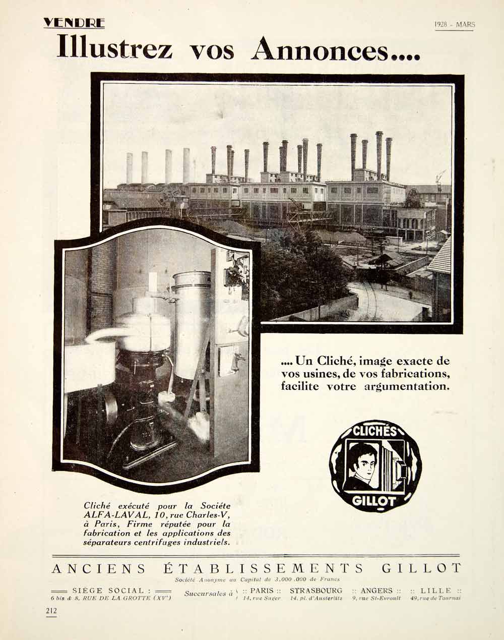 1928 Ad Cliches Gillot Alfa-Laval 14 rue Suger Factory Printing Press VENA3
