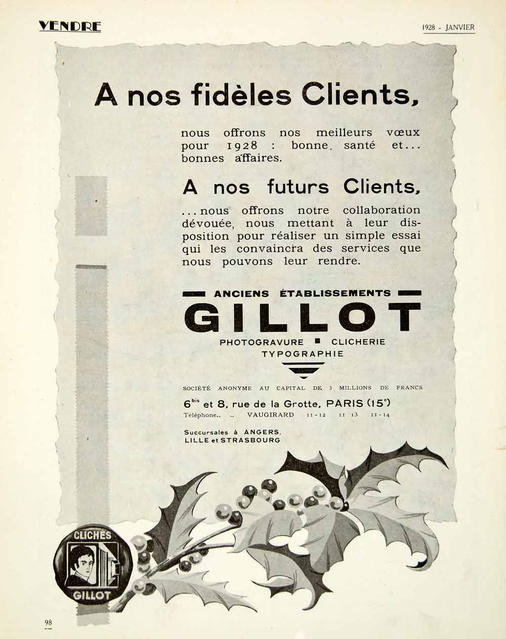 1928 Ad Gillot Cliches 8 Rue Grotte Paris Holly French Printing Press VENA3