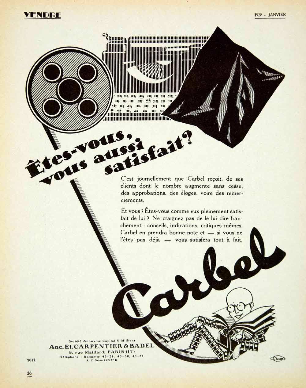 1928 Lithograph Ad Carbel Typewriter Ribbon Carbon Paper 8 Rue Maillard VENA3