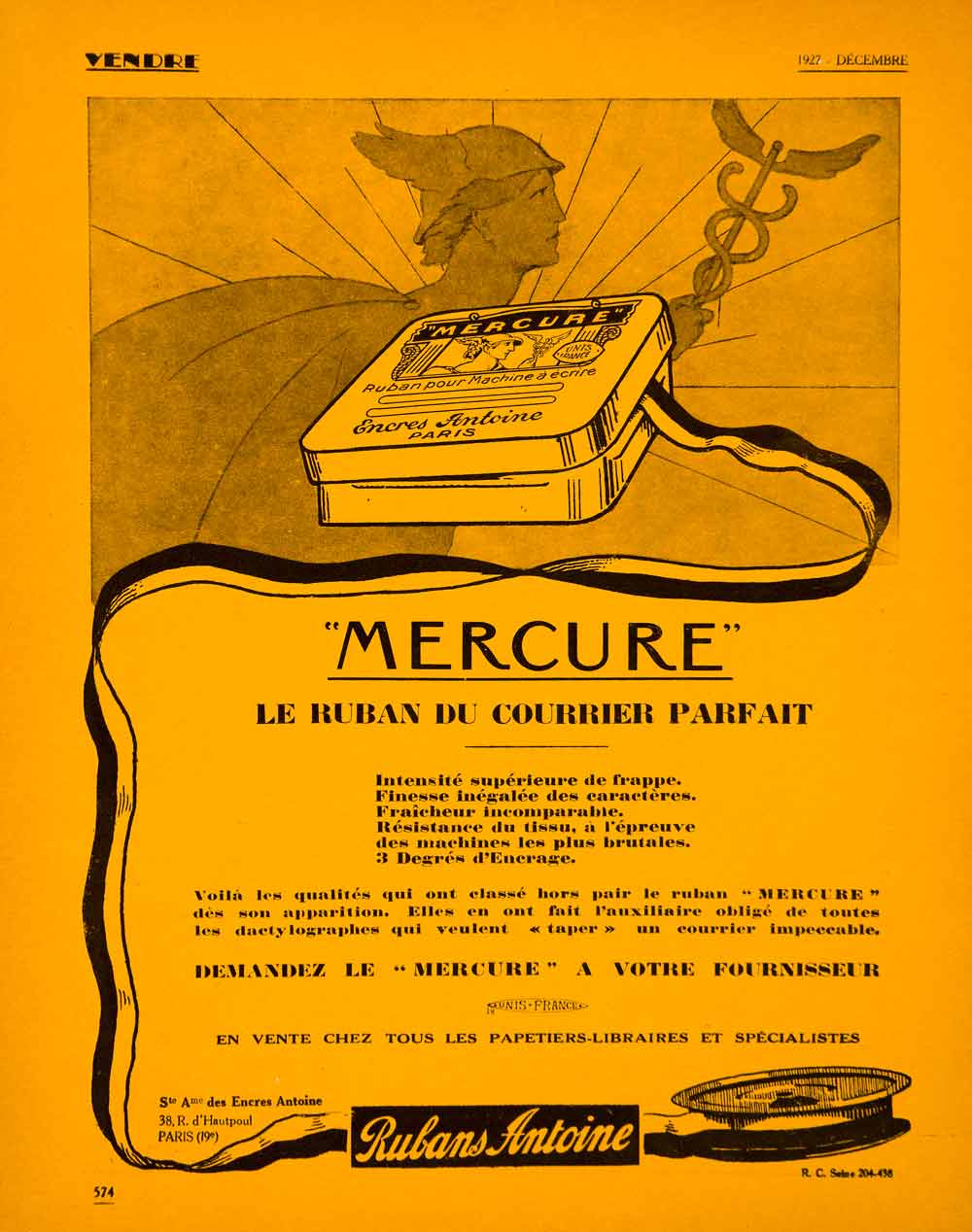 1927 Ad Mercure Encres Antoine Typewriter Ribbon Mercury Ink 38 Rue VENA3