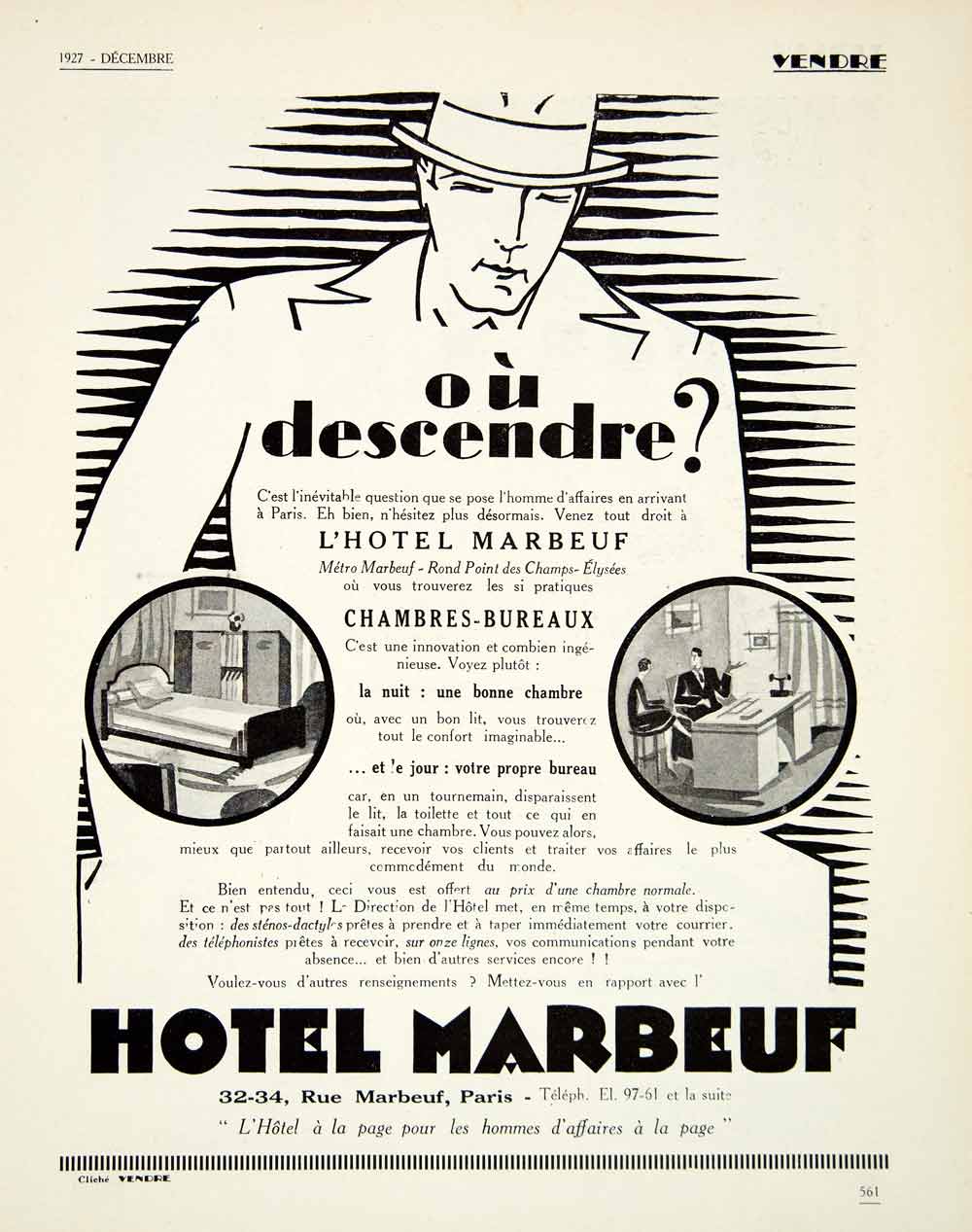 1927 Ad Hotel Marbeuf Paris Lodging Businessman Advertising Office Room VENA3