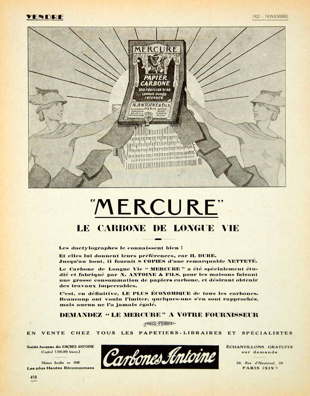 1927 Ad Antoine Mercure Carbon Paper Ink 38 Rue D'Hautpoul Office Supply VENA3