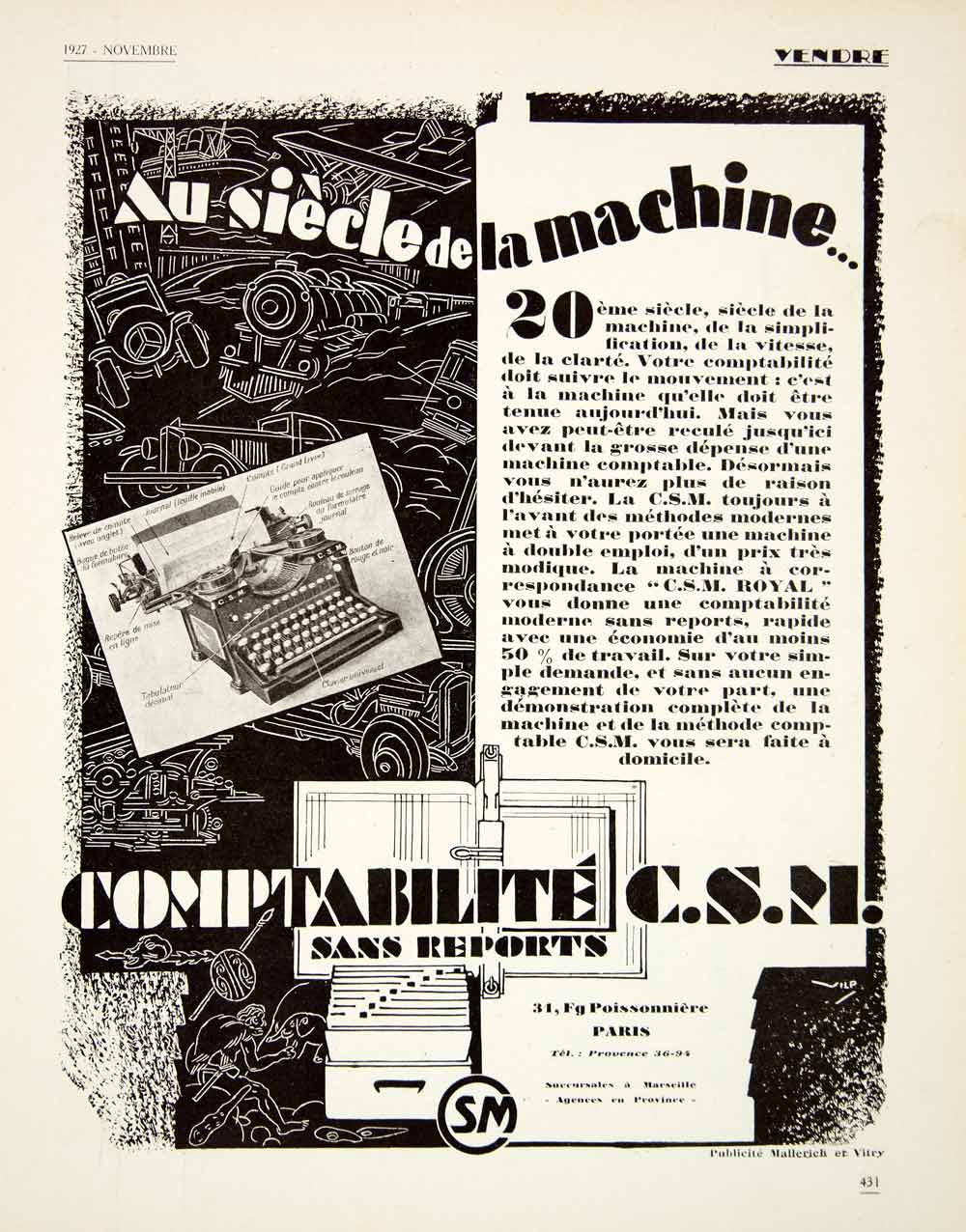 1927 Ad Accounting Machine Mallerich Vitry Typewriter 31 Faubourg VENA3