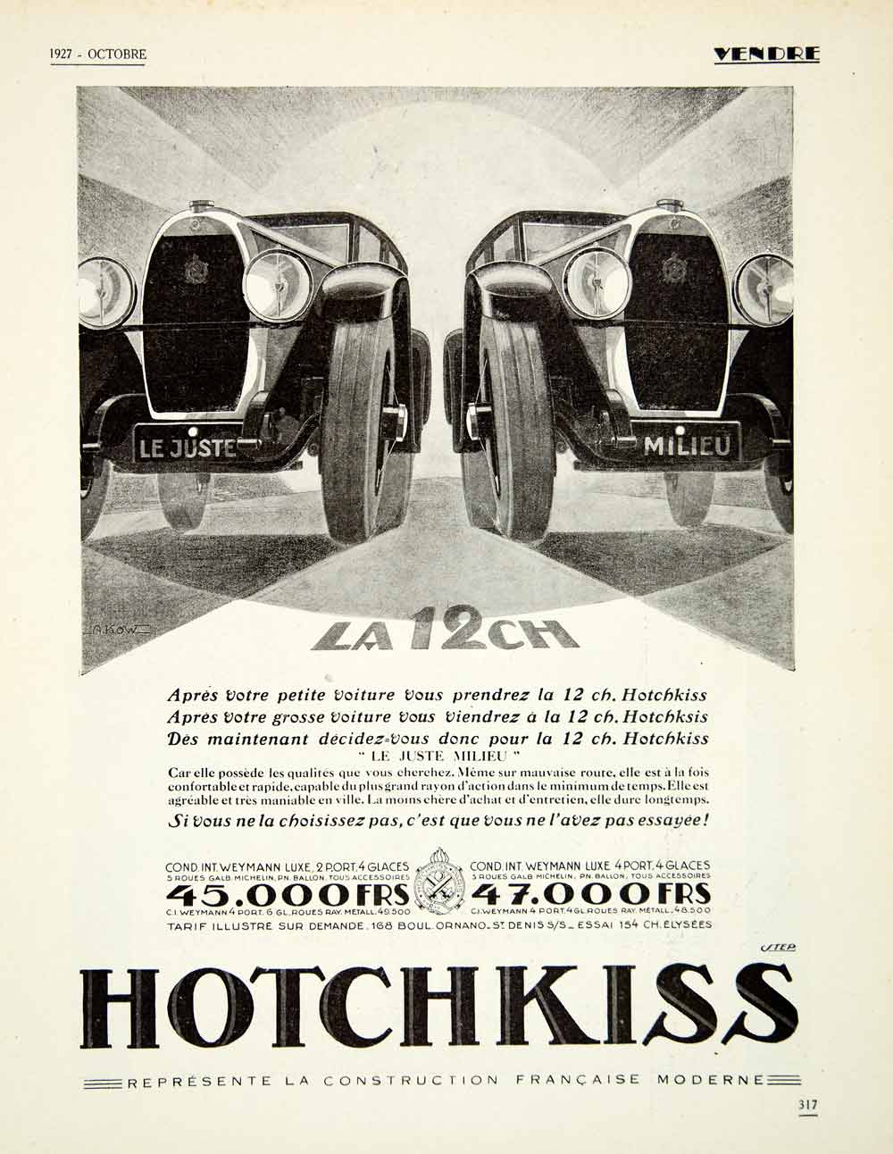 1927 Ad Hotchkiss Automobiles Car Transportation 168 Blvd Ornano St Denis VENA3