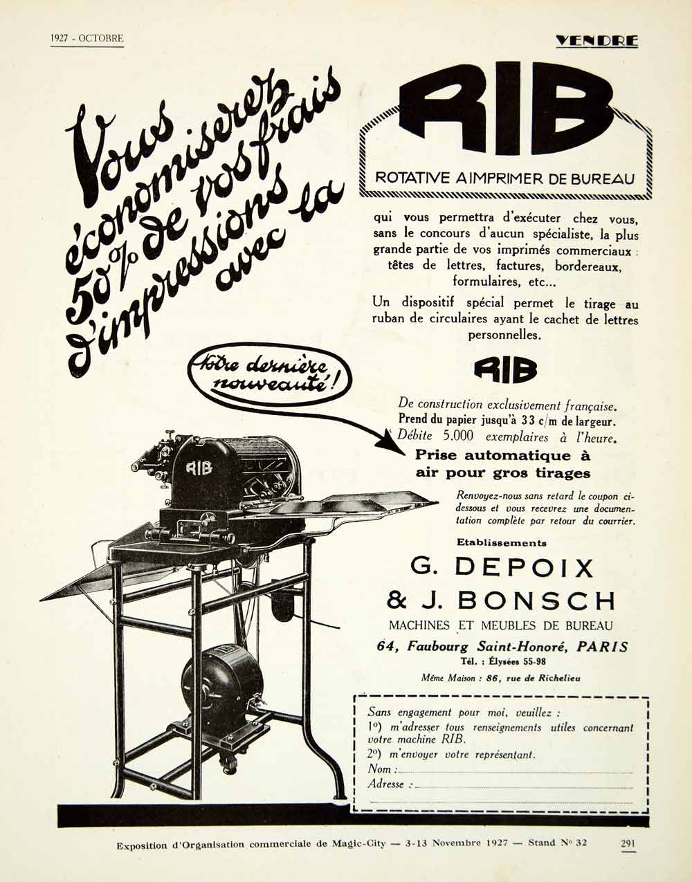 1927 Advert RIB G Depoix J Bonsch 64 Faubourg Saint-Honore Paris Office VENA3
