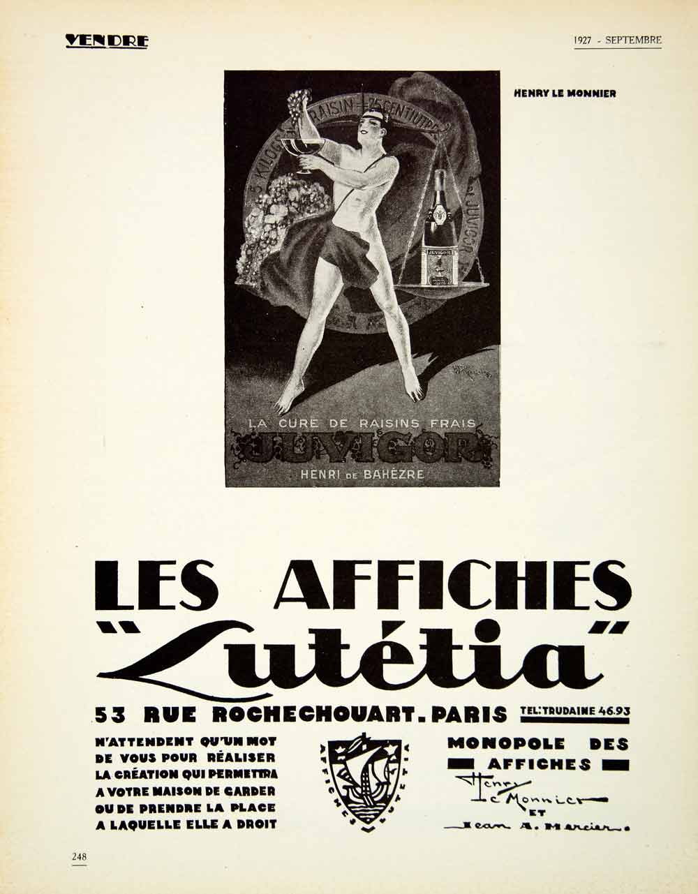 1927 Ad Henry Le Monnier Lutetia 53 Rue Rochechouart Part Jean Mercier VENA3