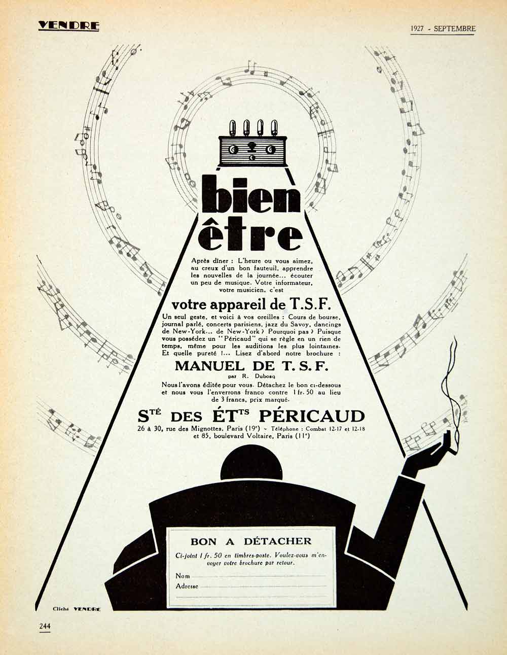 1927 Advert Pericaud Radio Music 26 Rue Mignottes Paris R Dubosq TSF VENA3