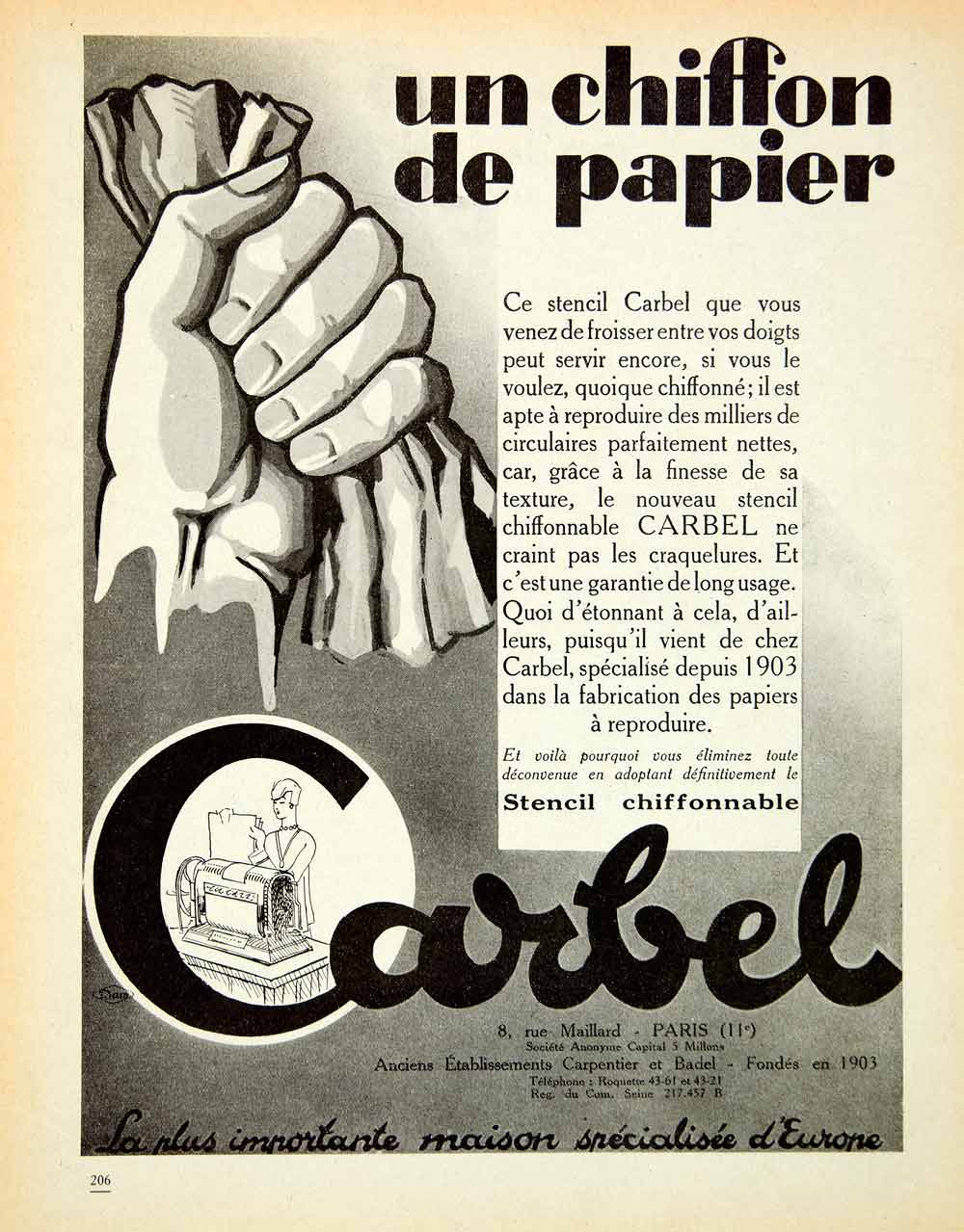 1927 Ad Carbel 8 Rue Maillard Paris Carbon Paper DAM Hand Crumple Stencil VENA3