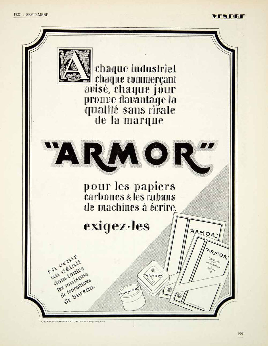 1927 Advert Armor Typewriter Ribbon Carbon Paper French Brand Initial ...