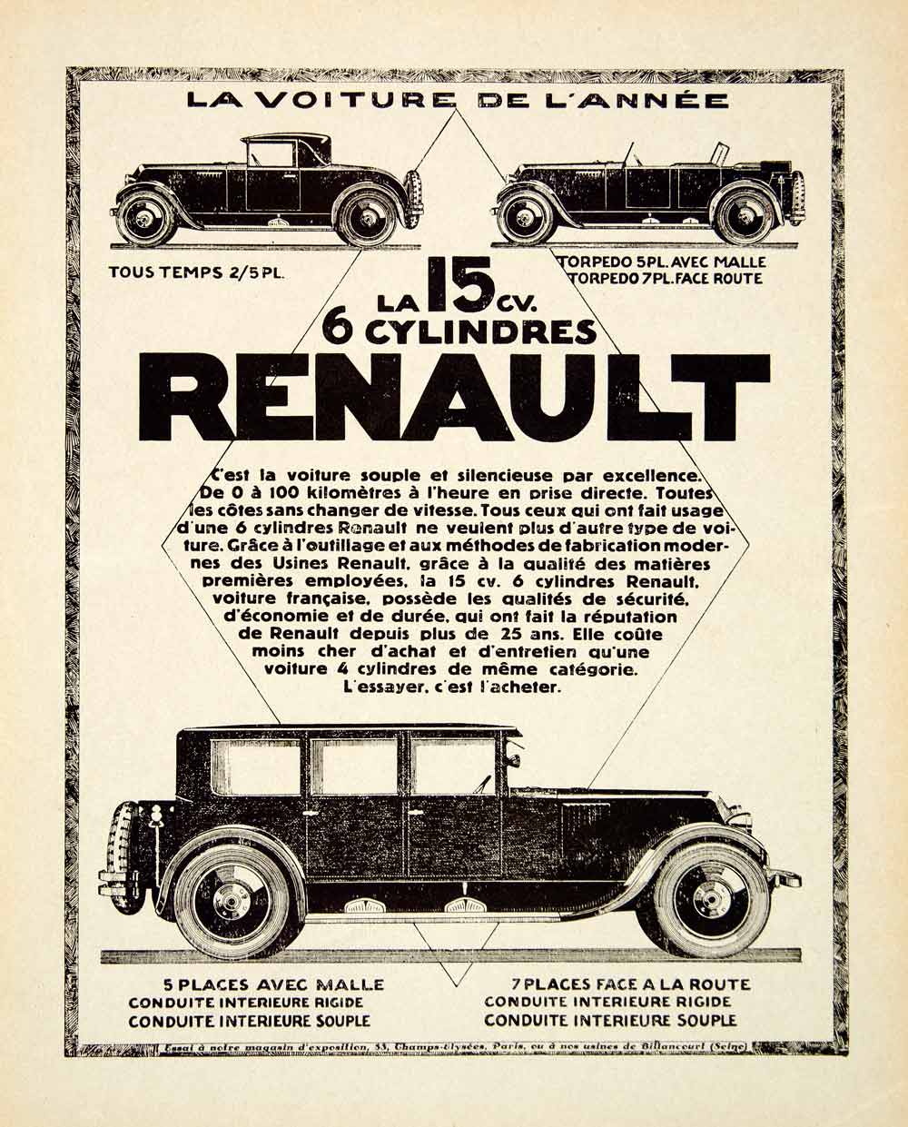 1927 Lithograph Ad Renault Automobile 53 Champs-Elysees Paris French VENA3