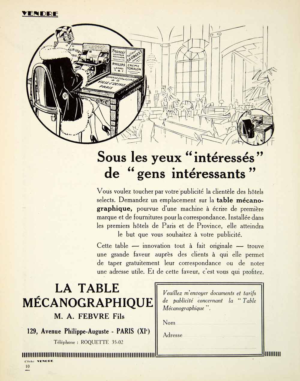 1926 Ad Table Mecanographique 129 Avenue Philippe-Auguste Paris Typing A VENA3