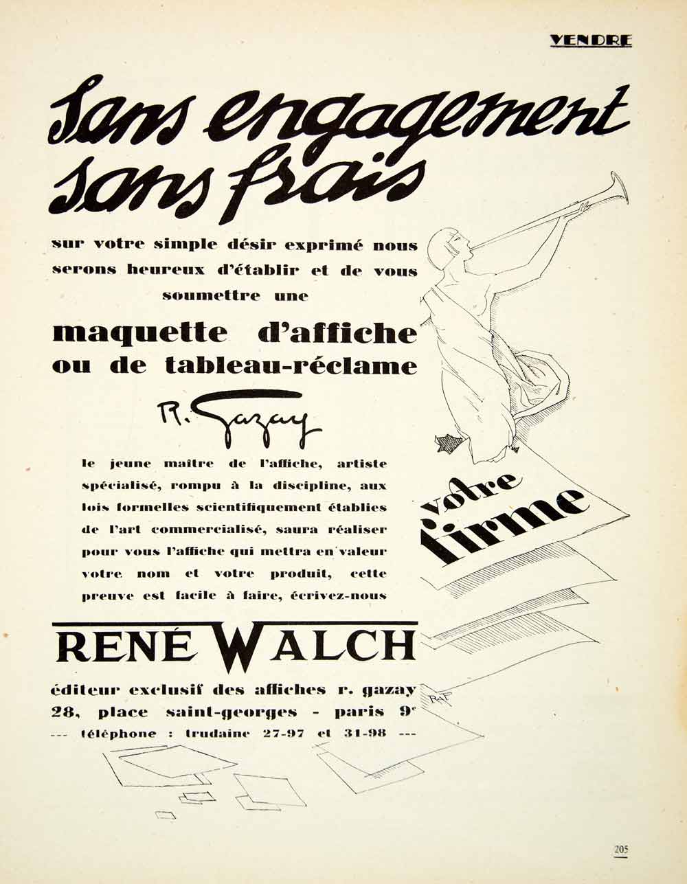 1926 Ad Rene Walch R Gazay 28 Place Saint-Georges Paris Advertising Agency VENA3